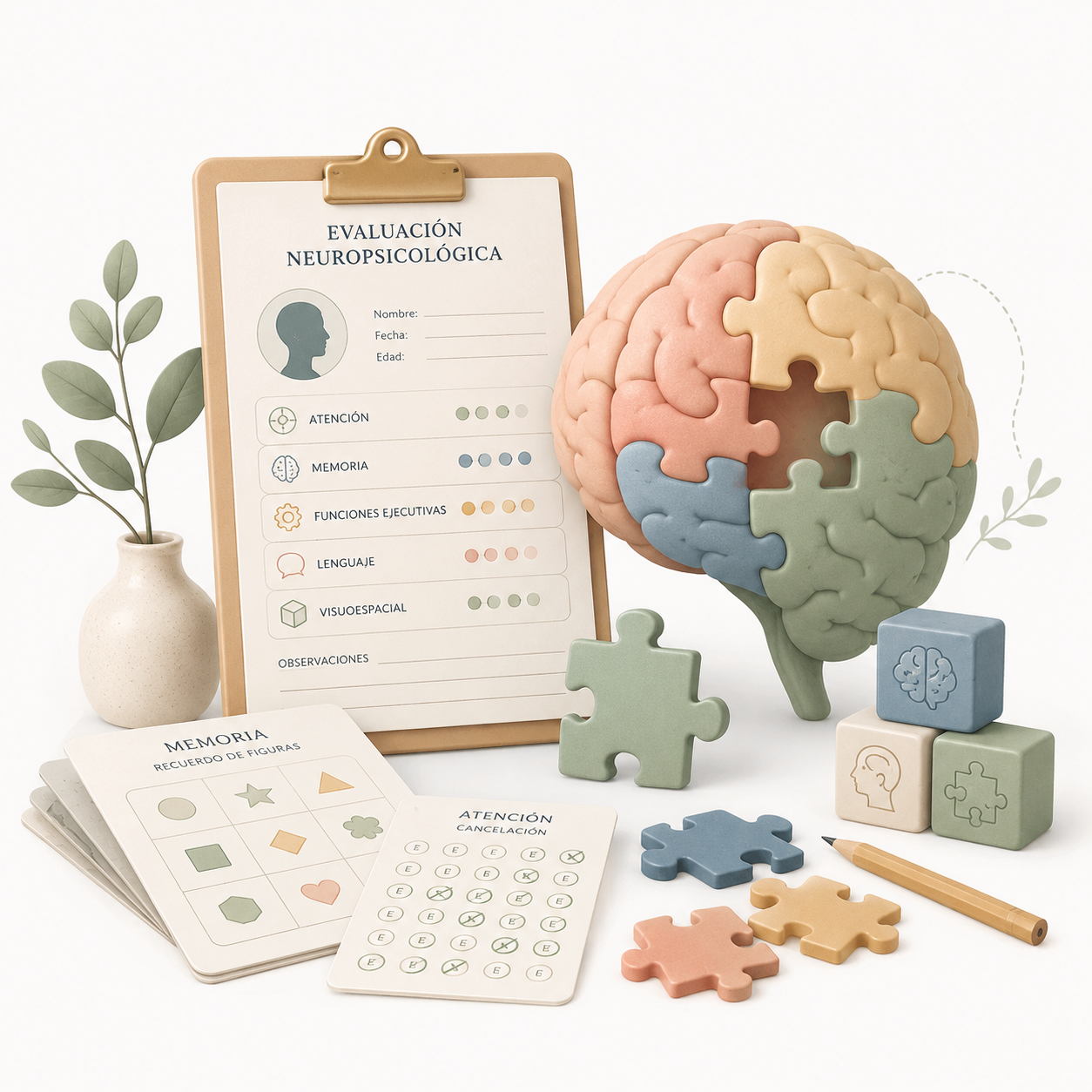 Planta, cerebro y material cognitivo representando la rehabilitación neuropsicológica