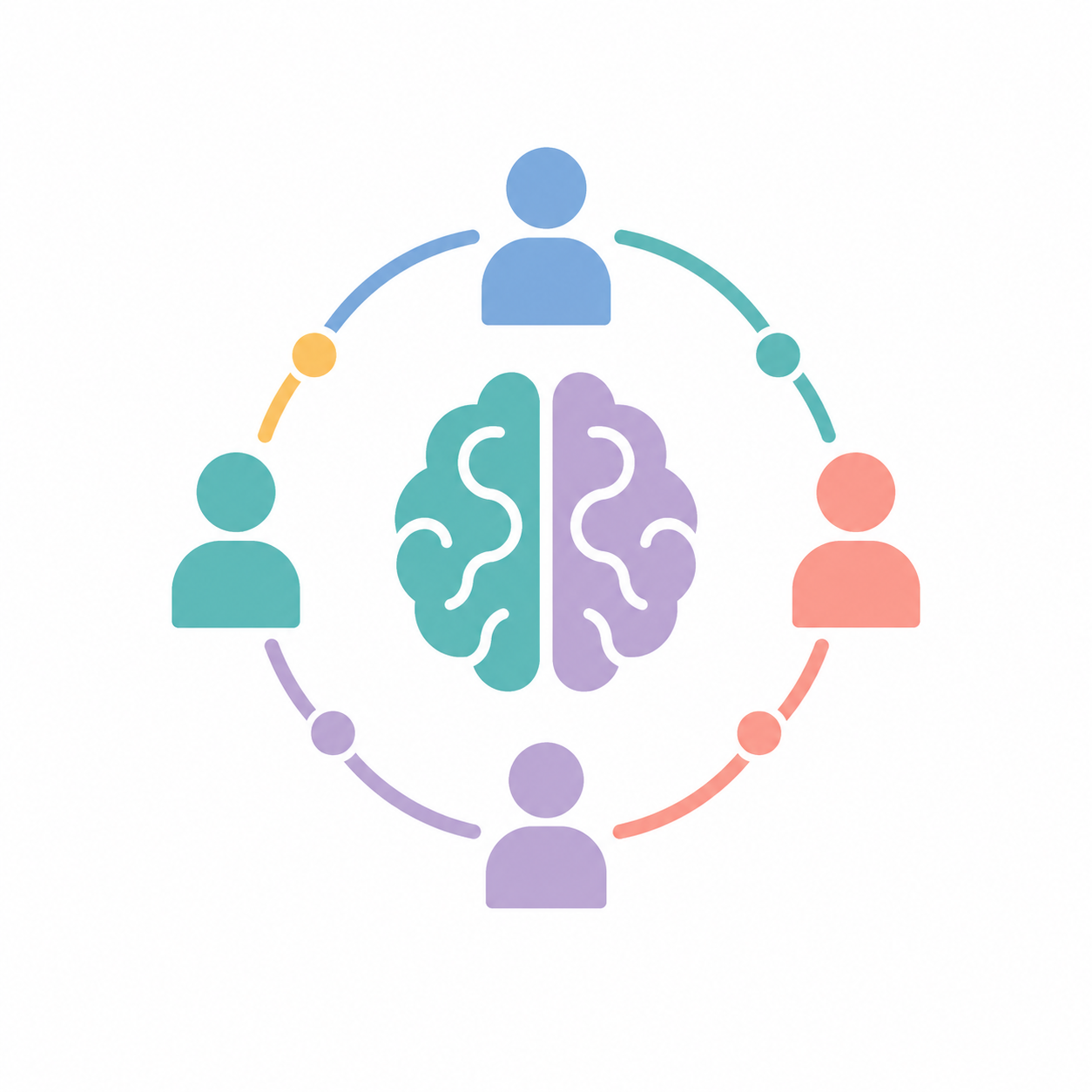 Ícono de cerebro con composición circular incluyendo corazón, rompecabezas y personas